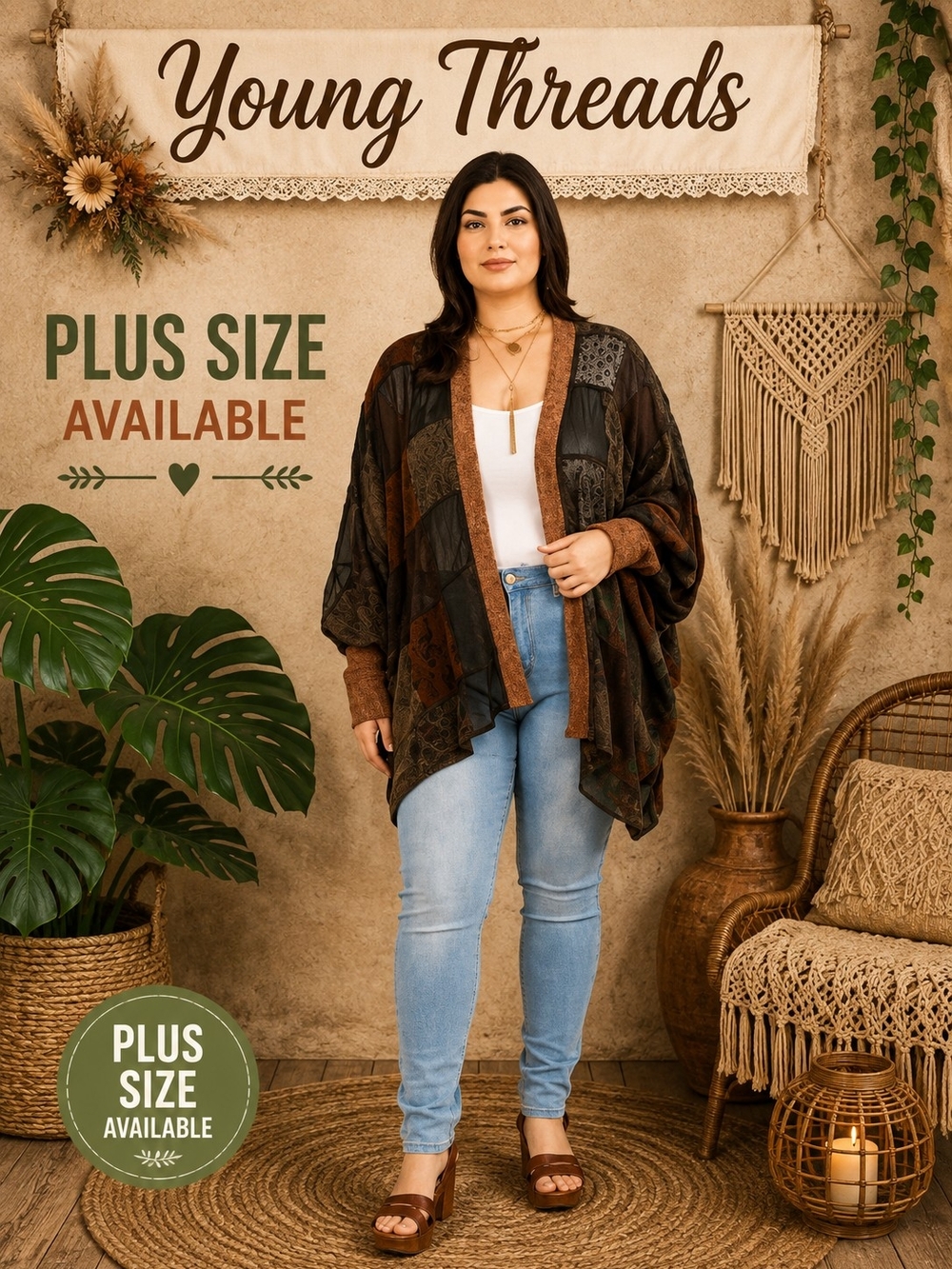 132 Young Threads Plus Size Patchwork Knit Cardigan - Brown Multi
